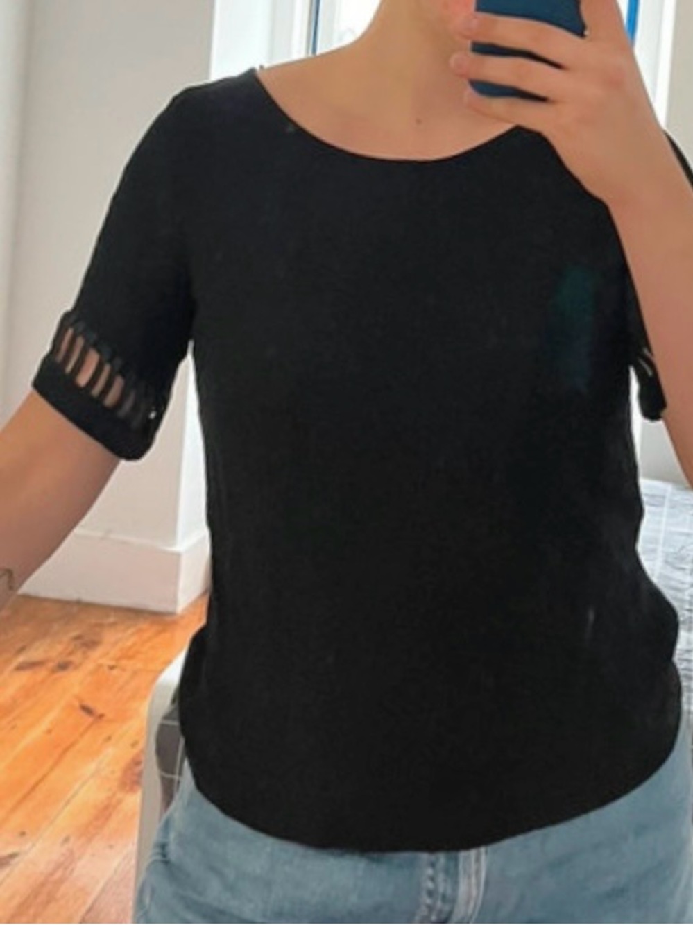 Cop.Copine Solix Top in Black with Lattice Ladder Short Sleeve Cutouts